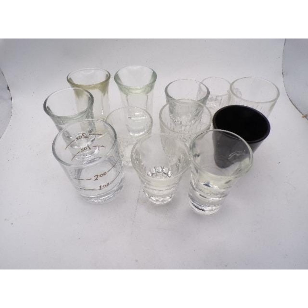 Lot of 11 Assorted Shot‎ Glasses Clear Glass Black Ceramic Measuring Jigger Set